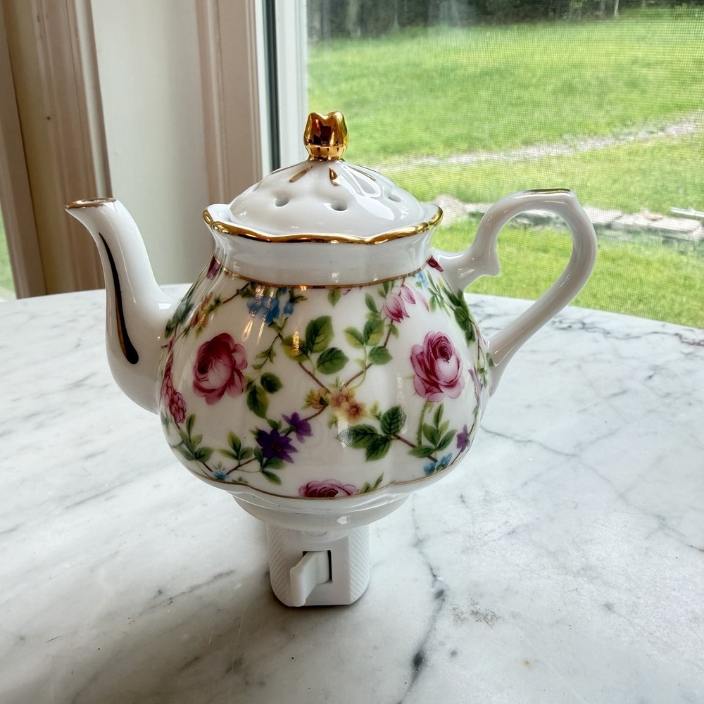 Vintage 2000s Ganz Porcelain Floral Teapot Plug-In Fragrance Diffuser Rare EUC